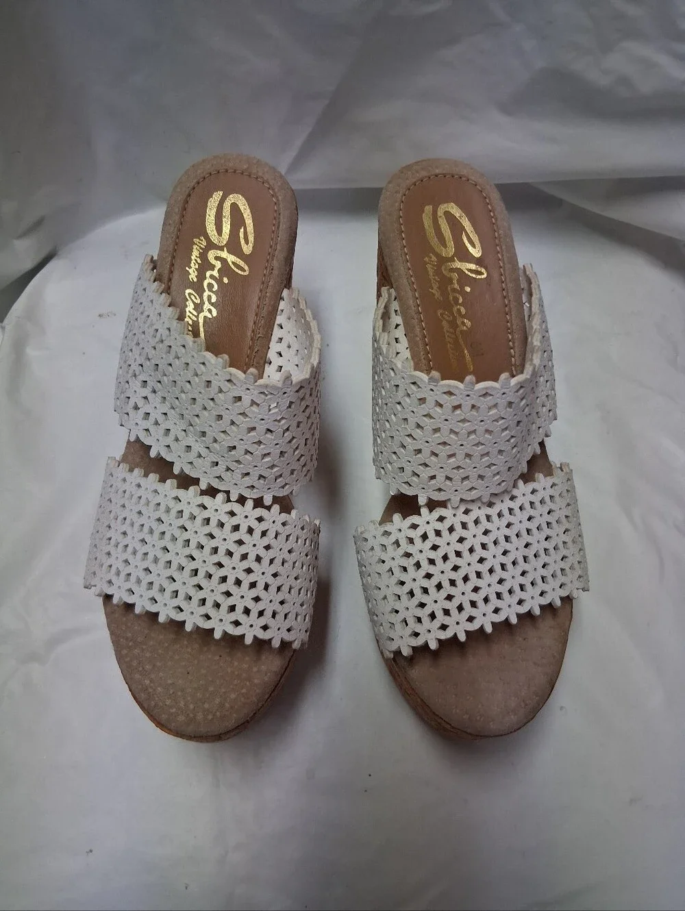 Sbicca White Woven Cork Wedge Slide Sandals Women's Size 6M Preowned